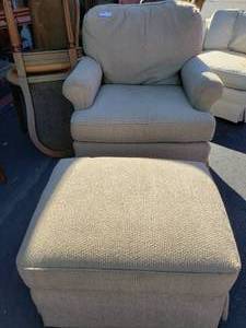 lot 10 image: Plush Armchair Swivelrocking  with Ottoman on Wheels