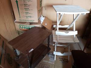 lot 34 image: Double Shelf Cart on Wheels, Double Shelf End Table and 2 Individual Outdoor White Tables