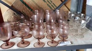 lot 59 image: Smoked Colored Glass Set various sizes, and Clear Glass Set with Gold Rims