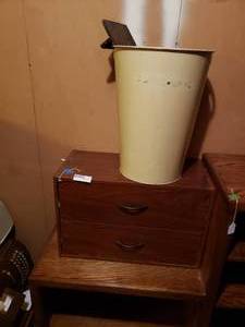 lot 109 image: Small wooden 2-Drawer shelving drawer, Trash Can and Beanie Babies, paper invoice box, and misc. items