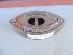 lot 349 image: Cast iron no handle one loop marked Mrs. Potts sad iron
