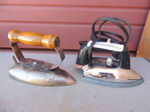 lot 361 image: Lot of 2 IRONS - One with handle and cord CG wood company and the other United Drug co. 220 watts