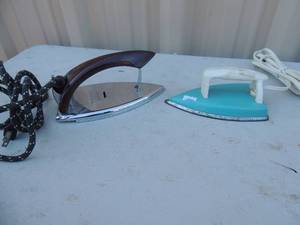 lot 381 image: Lot of 2- metal irons with handles and cords Nassau products and one general electric