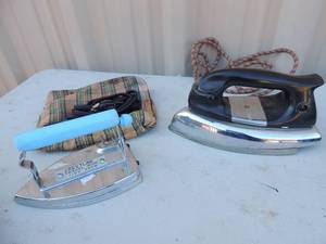 lot 382 image: Lot of 2- metal irons with handles and cords General electric 1000 watts and one Crestline travel iron