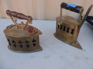 lot 430 image: Lot of 2 BRASS Coal Irons open top one marked India L. Gin other unmarked