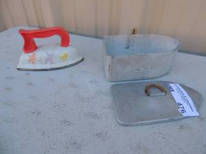 lot 476 image: lot of 2 play irons ohio art 5x2x3 and iron shaped container with wicker handles 6x3x2lot of 2 irons with handles and cords selector model no. 100-D 165 watts 12x2x12