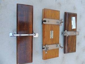 lot 489 image: lot of 3 wooden iron stands one is marked Lawrences Quality colonester