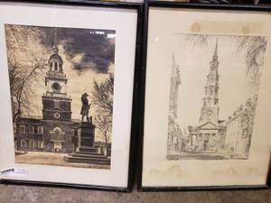 lot 55 image: Julia Homes Wilson Black and White Print of  St. Phillips Church, Charleston SC and Philadelphia Independence Hall Print, Artist Unknown (with frames 15x19 each)
