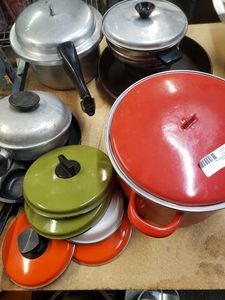 lot 96 image: Skillets, Mirro-matic 4 Quart Aluminum Pressure Cooker, and More