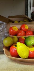 lot 29 image: Plastic Fruit Dcor with Pottery Bowls and Glass Jars