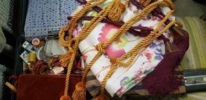 lot 140 image: Curtains and Craft Items, Large Section of Blue and Brown Striped Fabric