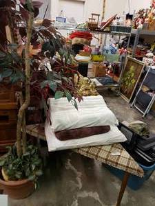 lot 113 image: Triangle Corner Table Foam Pillows and Artificial Tree