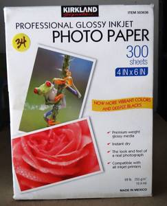 lot 34 image: Kirkland Professional Glossy Photo Paper - 4 x 6 (300 sheets) - NIB - EBAY $30.59