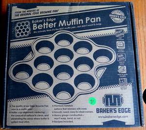 lot 71 image: Bakers Edge Better Muffin Pan With Recipes Inside. Fun Baking. Makes 12 Muffins - NEW - $29.95