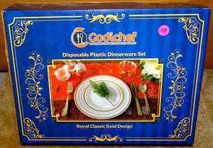 lot 100 image: GODICHEF 150 Piece Royal Black and Gold Disposable Plastic Plates & Silverware Set Heavyweight Place Setting  Service For 25 Guests - NEW - RETAIL $39.95
