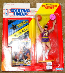 lot 101 image: RARE 1992 VLADE DIVAC - Starting Lineup Basketball - SLU - Sports Figure - LA Lakers - With Poster - Book Value $25.00