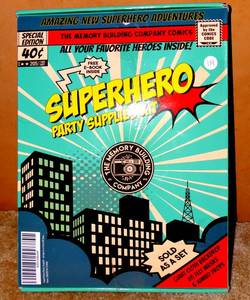 lot 119 image: Superhero Party Supplies Kit - 7ft Superhero Backdrop, 28 Felt Superhero Masks & 6 Photo Booth Props - NIB - SITE PRICE $39.95