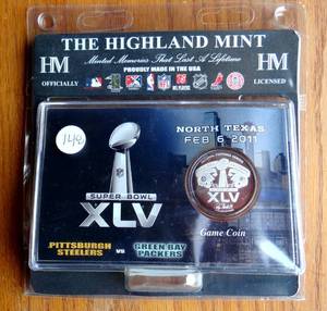 lot 148 image: The Highland Mint Super Bowl XLV Silver Plated Game Coin - Steelers vs Packers - VALUE $25-$30
