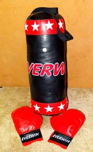 lot 153 image: EVERWIN BOXING BAGBlack and Red Set with 4 oz. Gloves - 15 Long - RETAIL $17.99