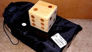 lot 184 image: Yuanhe Yardzee Giant Wooden Playing Yard Dice - LARGE WOODEN DICE (SET OF 6) WITH SCORE CARDS AND CARRYING BAG - EACH DI MEASURES 4X4 - AMAZON PRICE $18.99