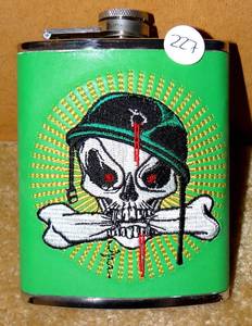 lot 227 image: SUPER COOL 7 OZ STAINLESS  LEATHER BOUND WITH EMBROIDERED SKULL DRINKING FLASK - NEW - $14.99