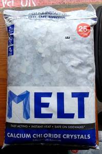 lot 183 image: MELT - CALCIUM CHLORIDE CRYSTALS (FAST ACTING SNOW & ICE MELT) 25 POUND BAG - WALMART PRICE $15.46