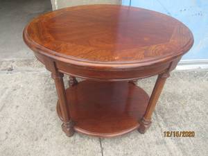 lot 290 image: VINTAGE WOOD SIDE TABLE 2 TALL FACE MASK REQUIRED