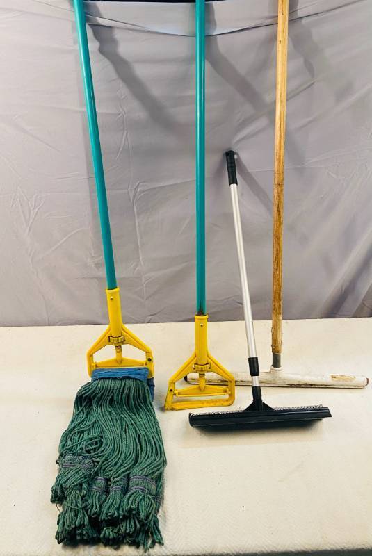 lot 114 image: 2 Mop Handles and a mop head, 2 Squeegees