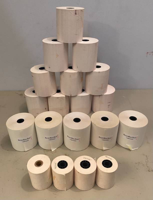 lot 49 image: 10 Hypercom T77TH Paper Rolls for Printer. Paper size 3 18 x 230 Core size 12 5 Carbonless rolls 4 Miscellaneous