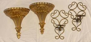 lot 38 image: Home Interiors Gold Decorative Shelf and 2 sconces