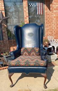 lot 42 image: Navy Blue Leather chair with Chevron pattern seat