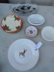 lot 51 image: 4 Franciscan apple saucers,  2 porcelain dip bowl,, reindeer plate 14 2 Renaissance dishes, 2 paisley relish dishes