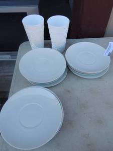 lot 52 image: Block Ionia Greece  Athens WHITE 15 saucers  and 2 MILK GLASS GLASSES