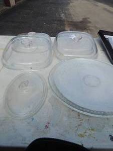 lot 31 image: 5 clear pot tops , 1 Kayson fine china golden fantasy plate ,Neiman Marcus Deors clear plate