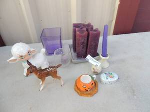 lot 36 image: lot-purple candle stick with white vase, pansy flower dcor powder makeup tube, floral glass egg, and glass pumpkin
