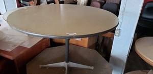 lot 21 image: Pedestal Tables One Round Top, One Hexagonal Top