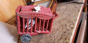 lot 96 image: Misc. Bag of Toys plus Contents, Including Cast Iron Circus Cart and Giraffe and Lite Bright Cube