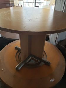 lot 47 image: Heavy Round Wood Tables one with center piece missing