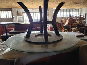 lot 49 image: 5 Foot Round Glass Table Top and Wood Base Not Attached