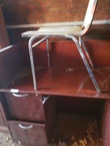 lot 139 image: Locking File Cabinet Desk 48x23x42  and Metal Frame Chair