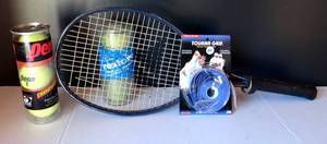 lot 20 image: 6 NEW TENNIS BALLS, RACKET AND TAPE WRAP