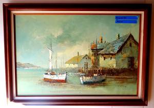 lot 2 image: LARGE ORIGINAL OIL PAINTING OF BOATS IN HARBOR - POSSIBLE RUSSELL MORETAN MEASURES 30 X 42