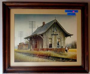 lot 7 image: LARGE (29 X 36) TRAIN STOP WALLACE WITH COW PEEKING OUT PRINT IN ATTRACTIVE MATTE & FRAME - LOOKS GREAT