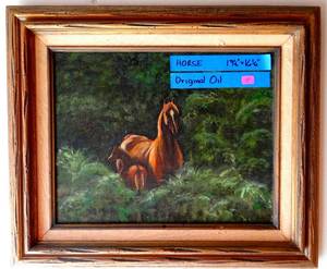 lot 9 image: ORIGINAL OIL PAINTING OF HOIRSE WITH COLT FRAMED - MEASURES 19.5 X 16.25