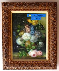 lot 37 image: BEAUTIFUL FLORAL ARTWORK SIGNED EUNICE HIGGINS WITH HIGHLY ORNATE WOOD FRAME - MEASURES 18 X 22