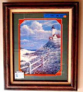 lot 42 image: LIGHTHOUSE PRINT WITH CUSTOM MATTE AND FRAME - MEASURES 21 X 25 12
