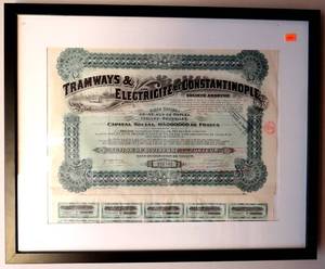lot 44 image: TURKEY CONSTANTINOPLE ELECTRIC TRAMWAYS stock certificate 1914 MATTED & FRAMED - EST $50-$75 Measures 17 x 21 framed