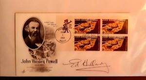 lot 48 image: FDC 1st Day Cover - John Wesley Powell - Colorado 6� Stamp - Art Craft - Aug 1, 1969 signed by Sir Edmund Hillary (possible one of a kind) EST $250-$400