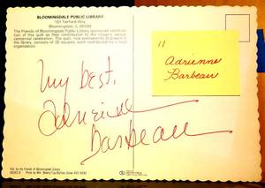 lot 52 image: RARE VINTAGE BLOOMINGDALE PUBLIC LIBRAY POSTCARD HAND PERSONALIZED BY LEGENDARY STAR, ADRIENNE BARBEAU