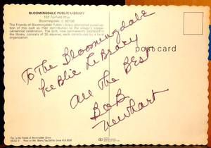 lot 53 image: RARE VINTAGE BLOOMINGDALE PUBLIC LIBRAY POSTCARD HAND PERSONALIZED BY LEGENDARY STAR, BOB NEWHART